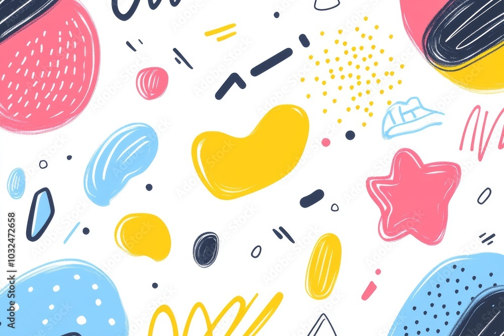 Poster abstract playful doodles of stars squiggles and geometric shapes scattered across a white background
