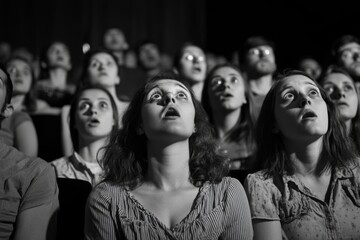 Captivated audience watching a thrilling movie in black and white