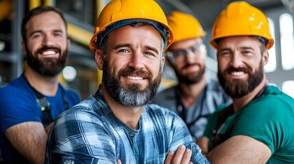 Engineering team working together in a factory setting with modern machinery and equipment focused on production innovation and problem solving with ample copy space