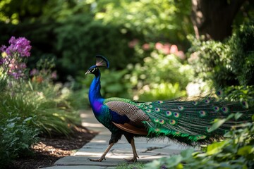 Majestic peacock strolling through lush garden pathway