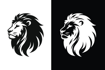Lion black head vector silhouette icons icon set on white background.	