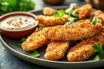Golden crispy chicken tenders with dipping sauce and fresh herbs