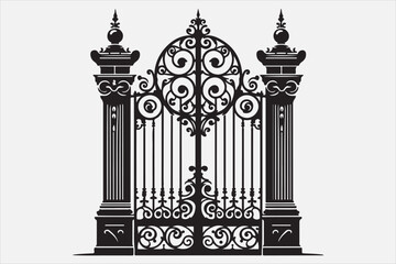 A  iron gate with two tall pillars on each side.