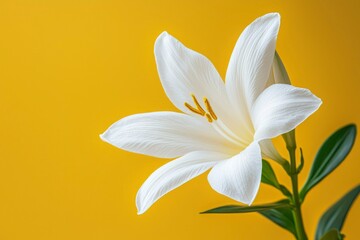 Naklejka premium Single White Lily Flower on a Yellow Background
