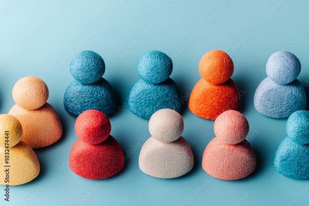 Poster close up of colorful wool felt human figures standing in a row arranged in a playful diagonal patter