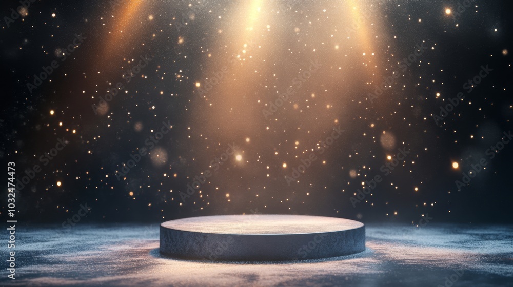 Aufkleber A circular platform is positioned in the center of a dark background. The platform is illuminated by spotlights and surrounded by falling glitter.