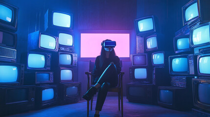 social isolation modern society concept woman with virtual reality headset  screens monitors stacks tvs old classical televisions futuristic fake modern world future life loneliness new digital world