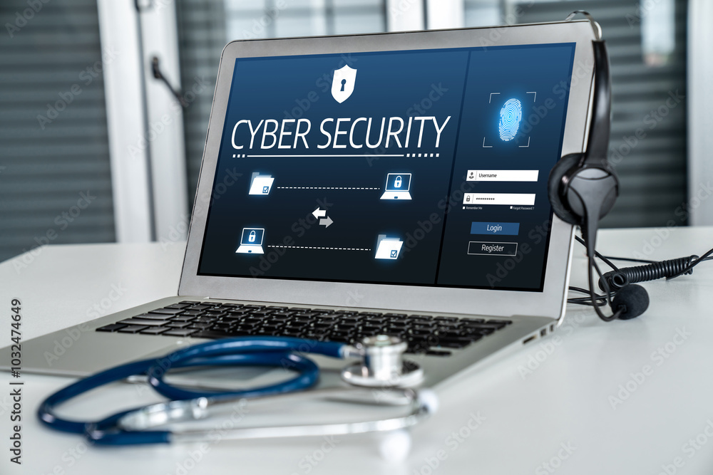 Poster cyber security system on computer screen protect private information snugly from hacker and cyber at