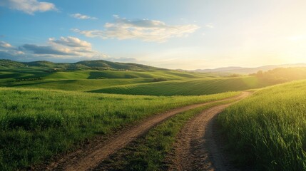 Fototapeta premium A serene landscape featuring rolling green hills and a winding dirt path under a sunny sky.