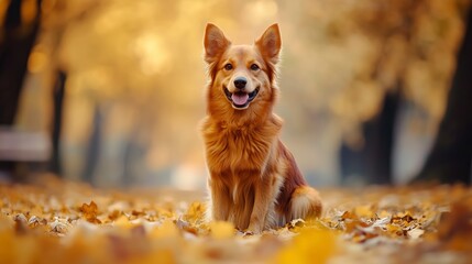 A charming dog sits on an autumn alley, surrounded by fallen golden leaves. Her fluffy red fur harmonizes perfectly with the autumn shades of nature.