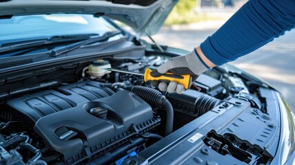 Car maintenance with a person using a screwdriver under the hood, clear focus.
