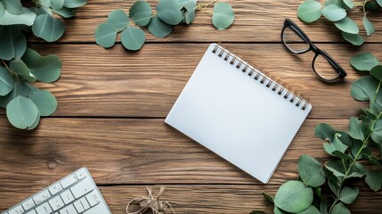 A workspace scene featuring a notepad, glasses, and greenery on a wooden surface.