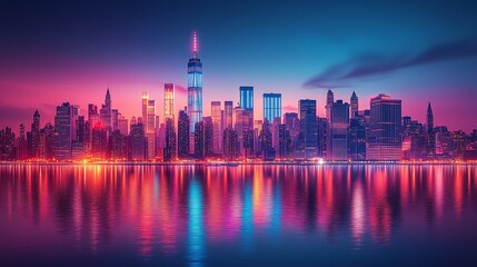 Fototapeta premium Skyline at night with the city’s skyscrapers illuminated in a reflection of neon light on water