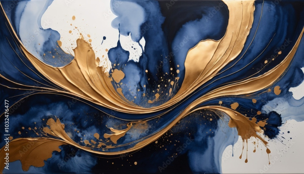 Aufkleber vivid watercolor strokes of navy blue intertwine with shimmering gold, creating a captivating displa