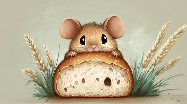 Cute mouse peeking over a loaf of bread with wheat stalks. Adorable illustration for whimsical or nature-themed designs.