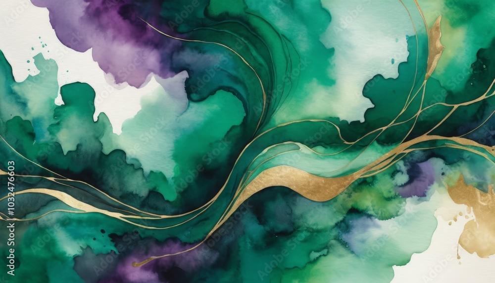 Aufkleber rich greens and deep purples dance gracefully across the canvas, intertwining with shimmering gold l