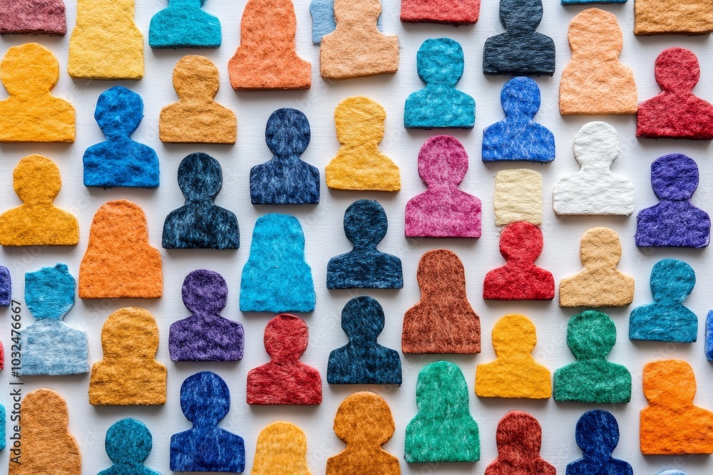 Poster Colorful rows of small human bust sculptures arranged in a repetitive grid representing artistic expression of identity and diversity in handmade craftsmanship