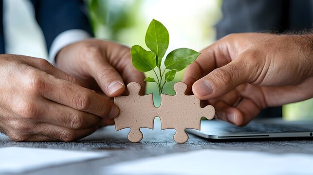 Professional team members collaborating to connect puzzle pieces representing their joint efforts to find business solutions and drive growth for their organization