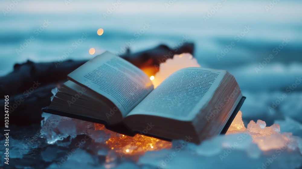 Poster an open book resting on shimmering ice, illuminated by warm lights at twilight by a serene lake
