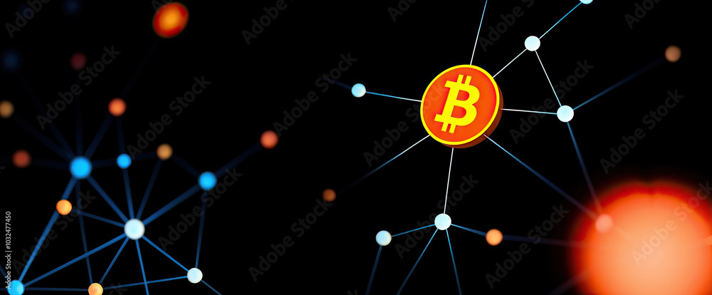 Poster bitcoin symbol connected to network of nodes on dark tech background cryptocurrency blockchain transactions finance decentralization digital assets