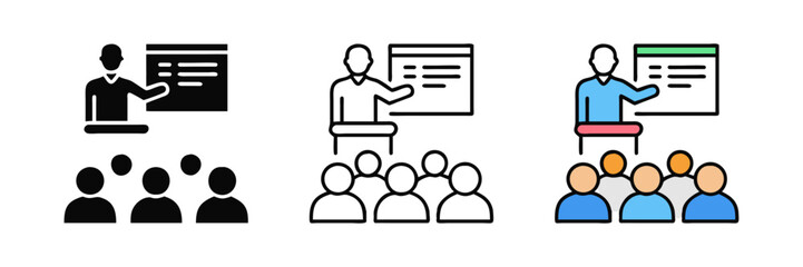 Lecture icons depicting a speaker presenting to an audience, symbolizing education, seminars, and public speaking. Simple vector illustrations perfect for educational projects and event promotions.