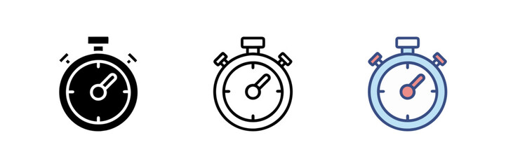 Stopwatch icon set with chronometer and timer designs. Simple stopwatch logo on white background. Versatile vector illustration for time-related projects, apps, and branding. Clean, modern design.