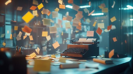 Creative chaos of a writer's workspace with floating notes