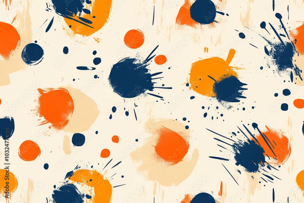 Poster bold abstract splashes of blue orange and black paint on a light background creating a dynamic and e