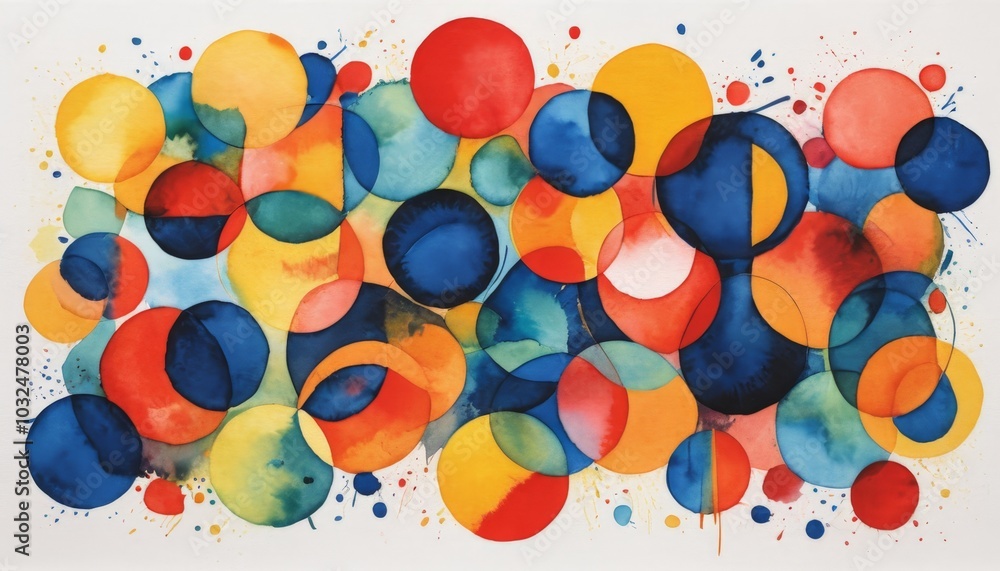 Aufkleber an explosion of colors fills the canvas with overlapping circles in shades of red, blue, and yellow,