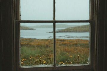 A Window View of a Rainy Coastal Landscape with Yellow Flowers