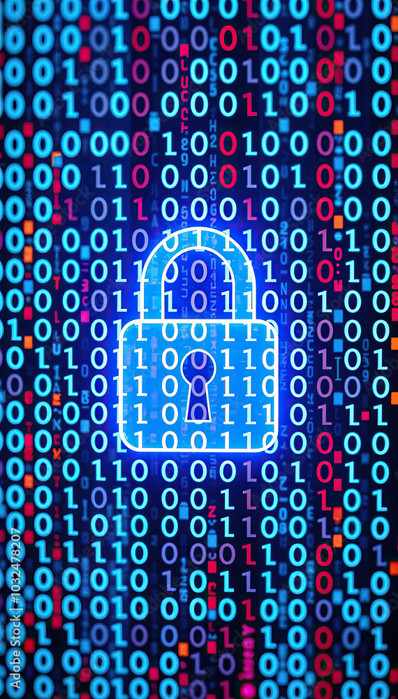 Poster blue digital lock surrounded by binary code representing cybersecurity data encryption and online privacy concept futuristic tech cyber background vertical format