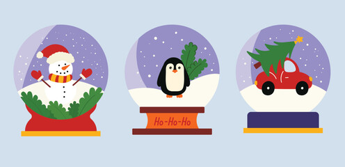 Cartoon Christmas globe magic snow globe with a snowman, pinguin, christmas tree inside in retro groovy style. Christmas atmosphere decoration