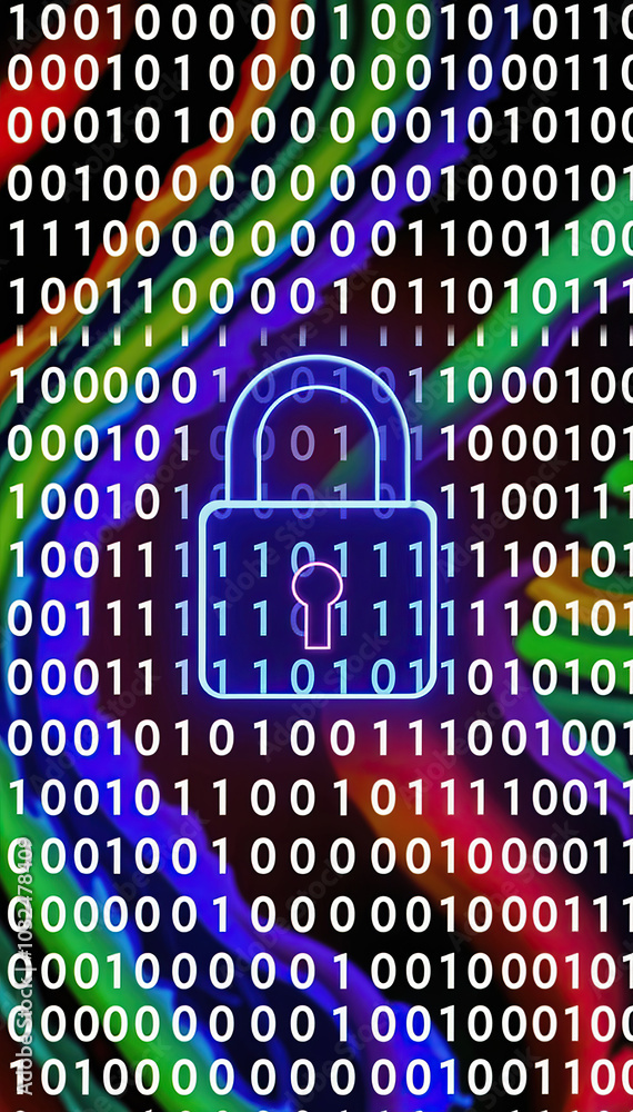 Aufkleber rainbow colored binary code with glowing purple lock digital security encryption coding hacking prevention cyber safety in colorful tech environment vertical format