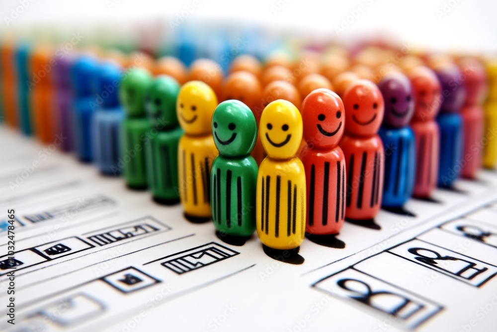 Aufkleber smiling wooden figures in vibrant colors lined up on a game board symbolizing diversity individualit