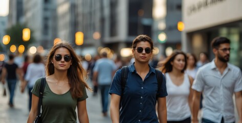 Blurred people walking in modern city