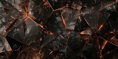Abstract background with broken glass and textured background with metallic elements, dark and copper tones.