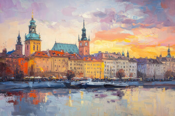 Fototapeta premium oil painting on paper of Poland at sunrise