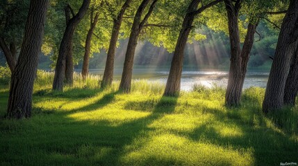 Obraz premium A serene landscape featuring trees, sunlight, and a peaceful river.