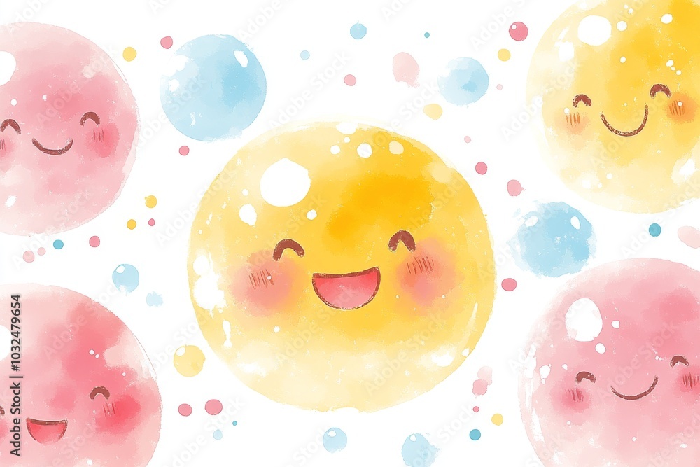 Poster smiling pastel bubbles with happy expressions in a dreamy and playful composition conveying lighthea