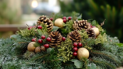 Photo of a festive Christmas wreath decorated with natural elements such as pine cones, pine greenery, red berries and gold balls.