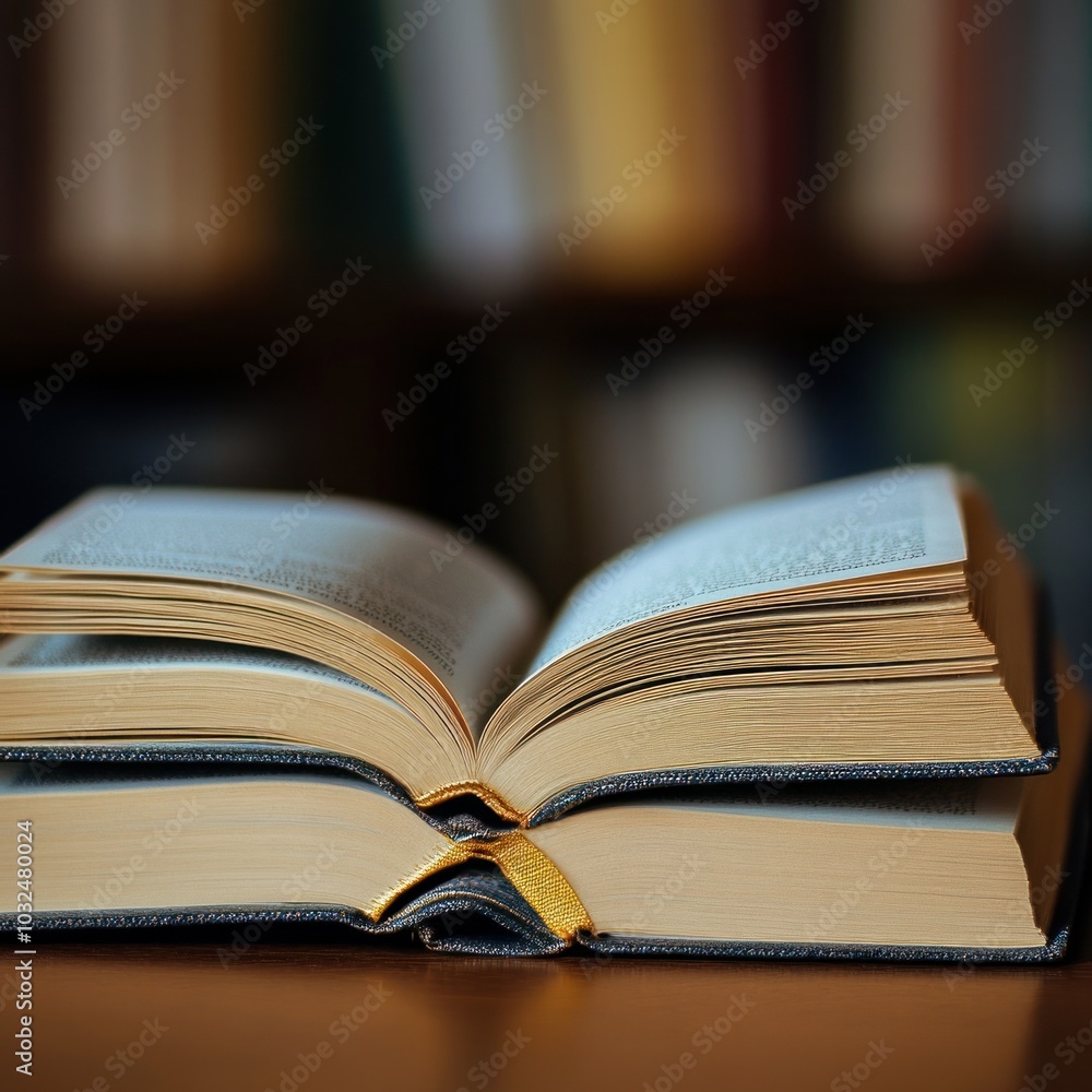 Poster Open book on a wooden table with a blurred bookshelf in the background.