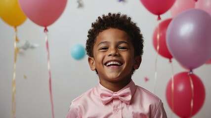 Male american boy in pink attire on kids party background