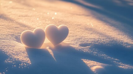 Fototapeta premium Two Snowy Hearts Basking in Radiant Sunlight a Romantic and Enchanting Tableau