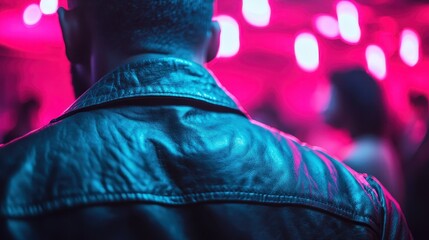 The back of a person in a leather jacket is shown in a neon-soaked setting, illustrating the intersection of urban style and futuristic ambiance in city nightlife.