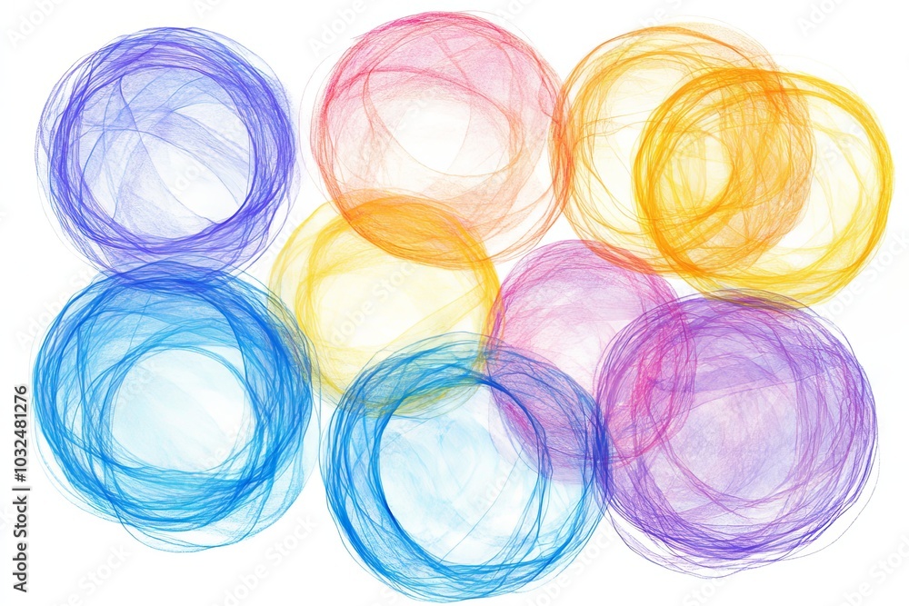 Poster overlapping translucent circles in vibrant rainbow colors creating an energetic and dynamic composit