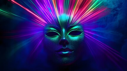 A mask radiating soft iridescent light rays of emerald green and royal purple from behind