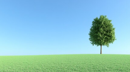 Obraz premium A lone, majestic tree in a lush meadow at springtime, with vibrant green grass and soft sunlight illuminating the scene under a clear sky.
