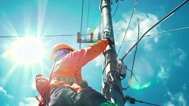 Man in red jacket working on power line. Focused outdoor task.