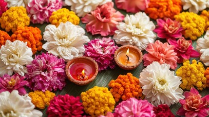 Vibrant floral arrangement with lit diyas celebrating festive Diwali harmony and colorful elegance