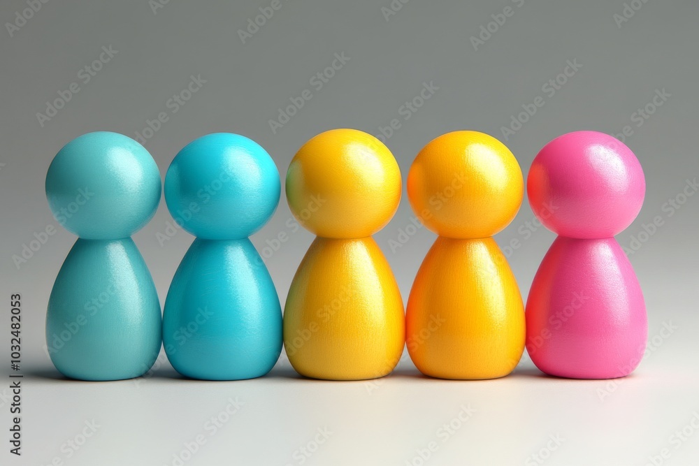 Poster colorful game pawns in pastel hues arranged in a row on a light background representing teamwork div